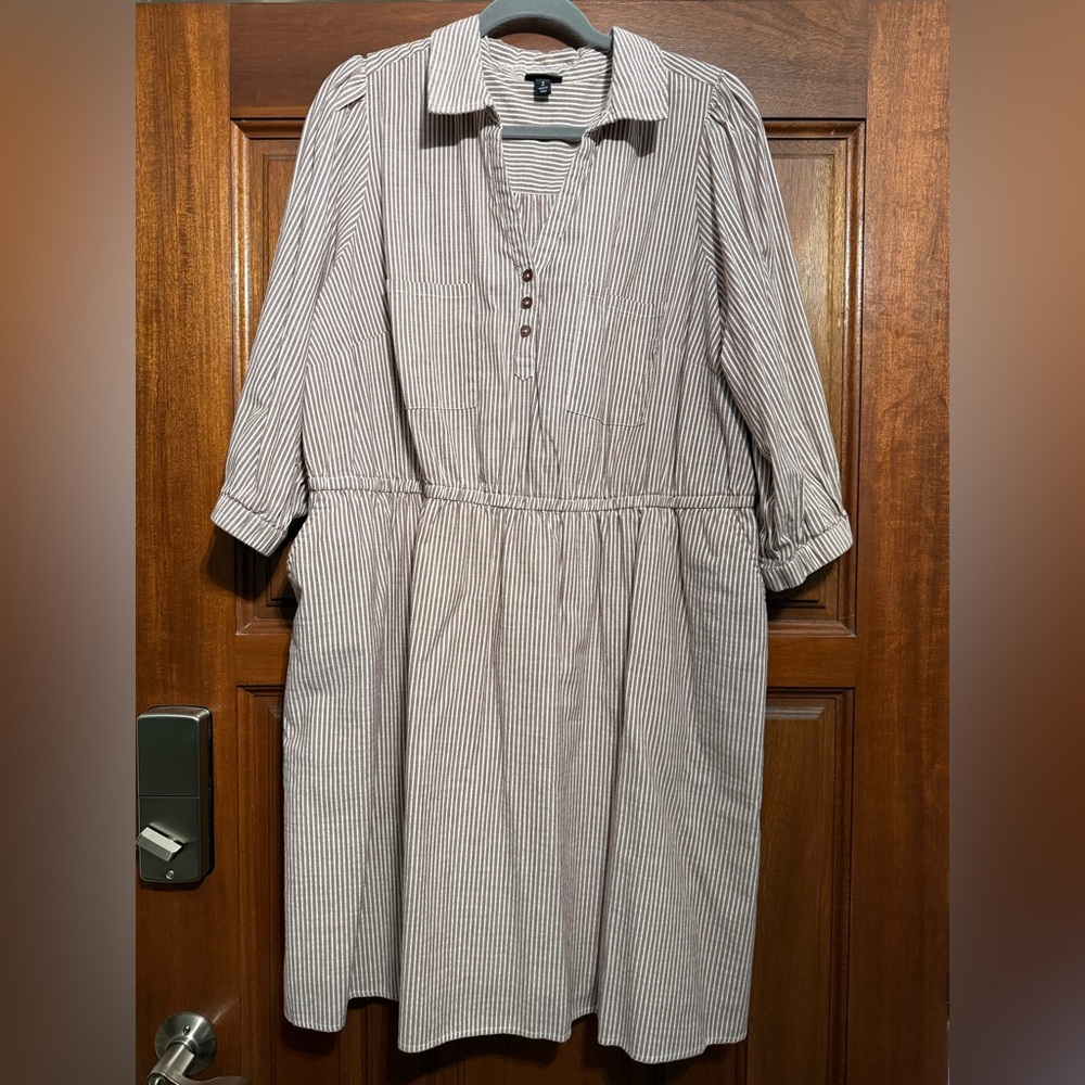 Torrid Striped Button-Front Shirt Dress in Beige and White 2x size 2 XXL